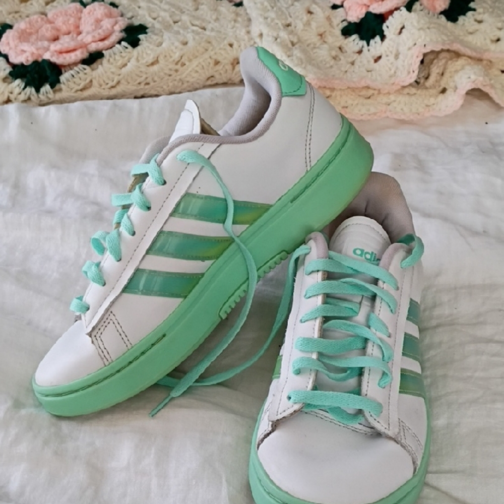 Adidas Women's White and Light Green Sneakers